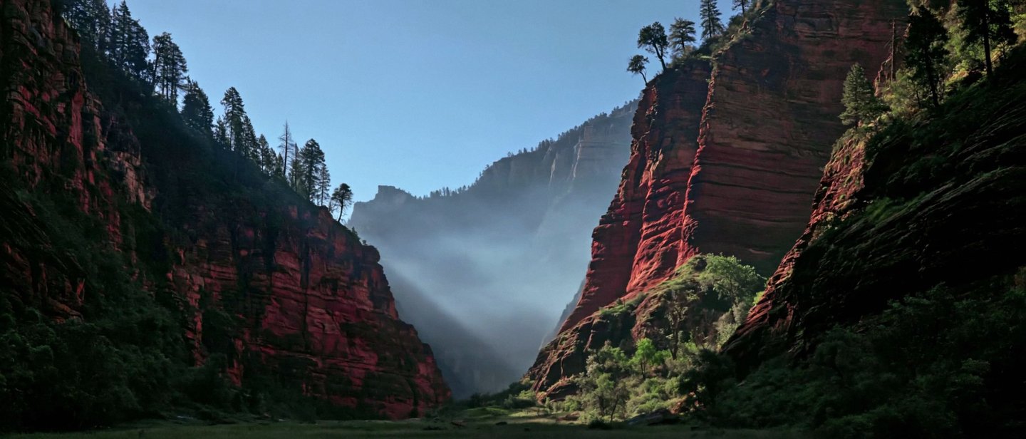A red rock canyon, pines on its rim and green growth on its floor, mist in the throat.