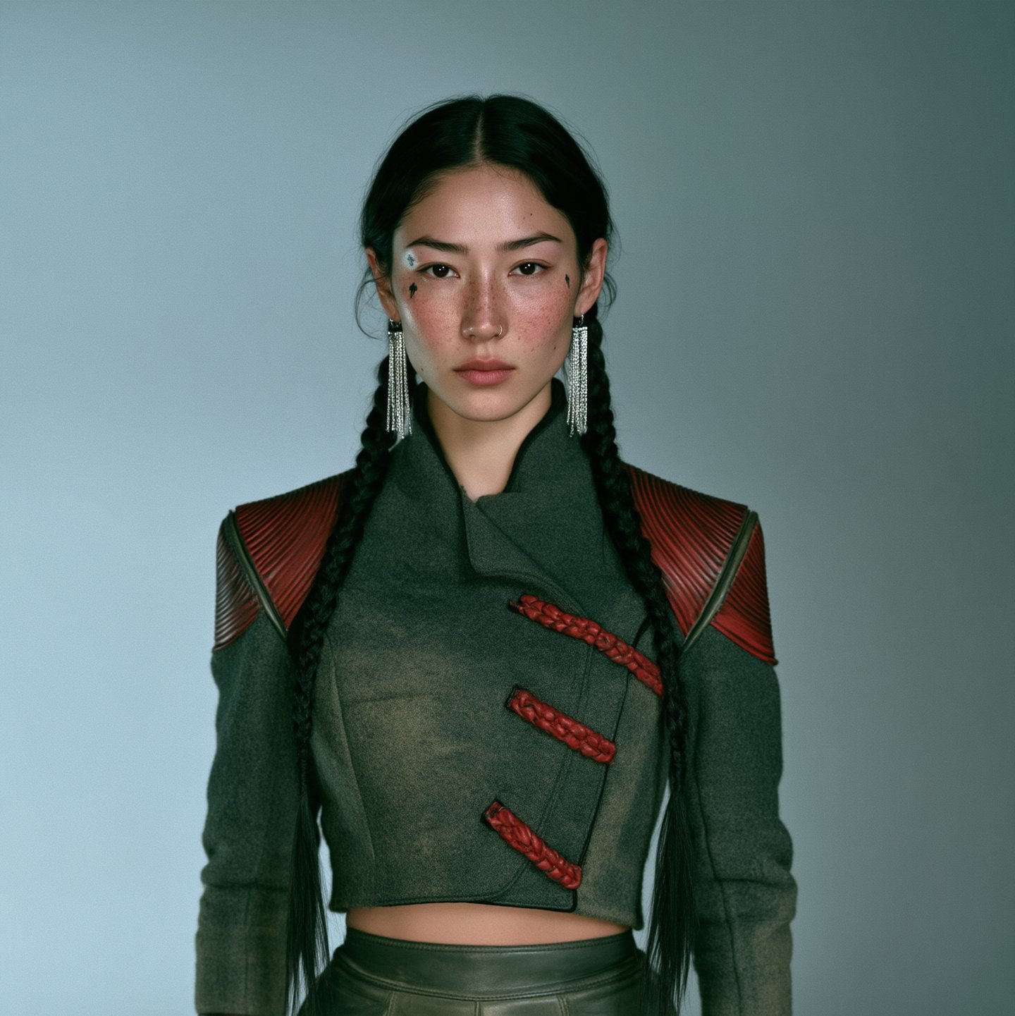 A young woman with two long braids, freckles and silver tassel earrings, in a dark felt jacket with red ribbed shoulders and rope toggles.