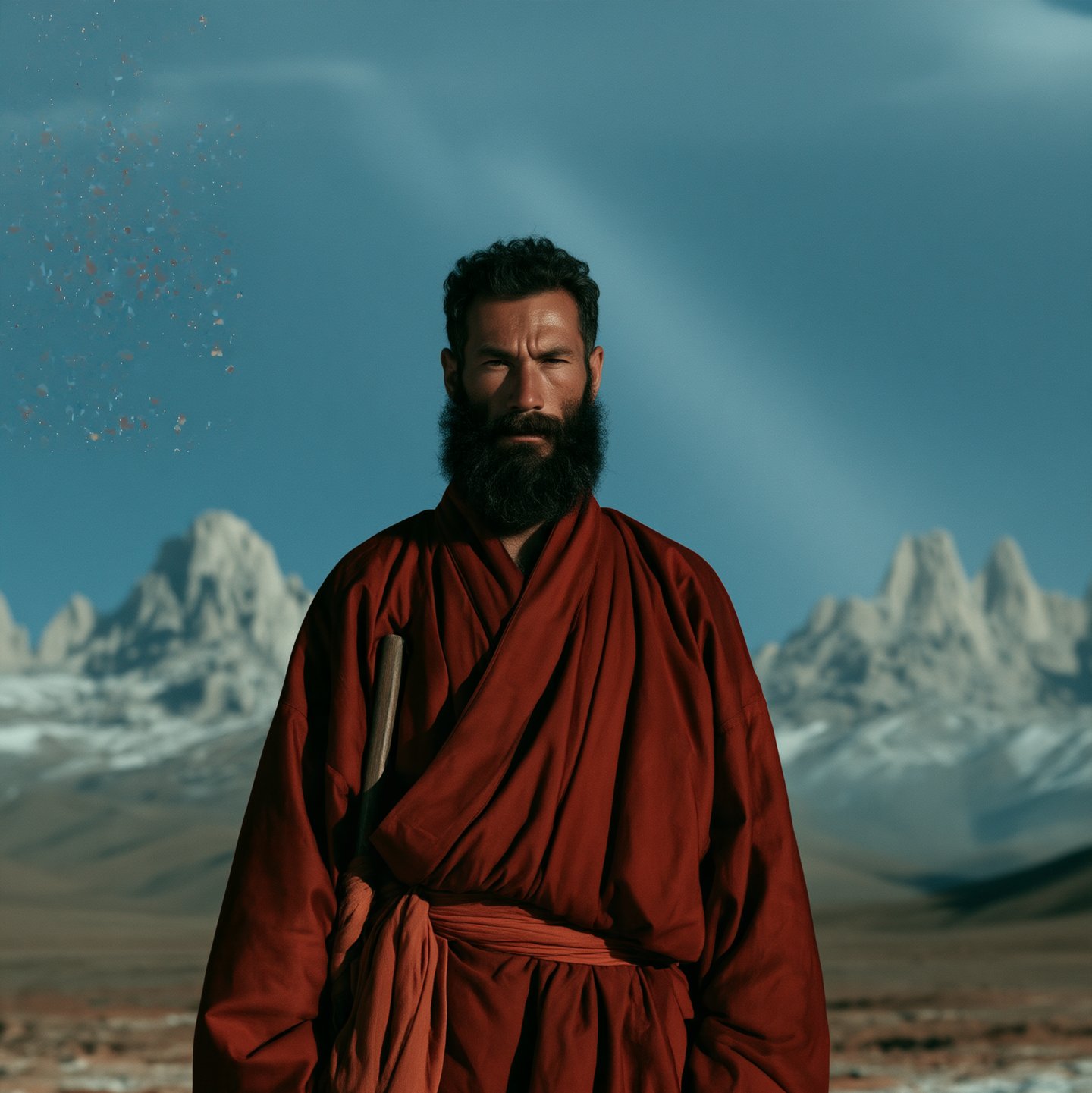 A long-bearded man in a red robe, a wooden staff planted beside him, pale mountains behind.