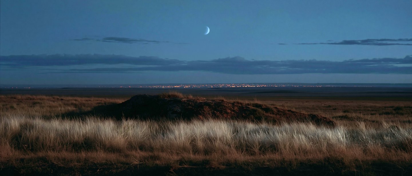 Open grassland at night under a crescent moon.