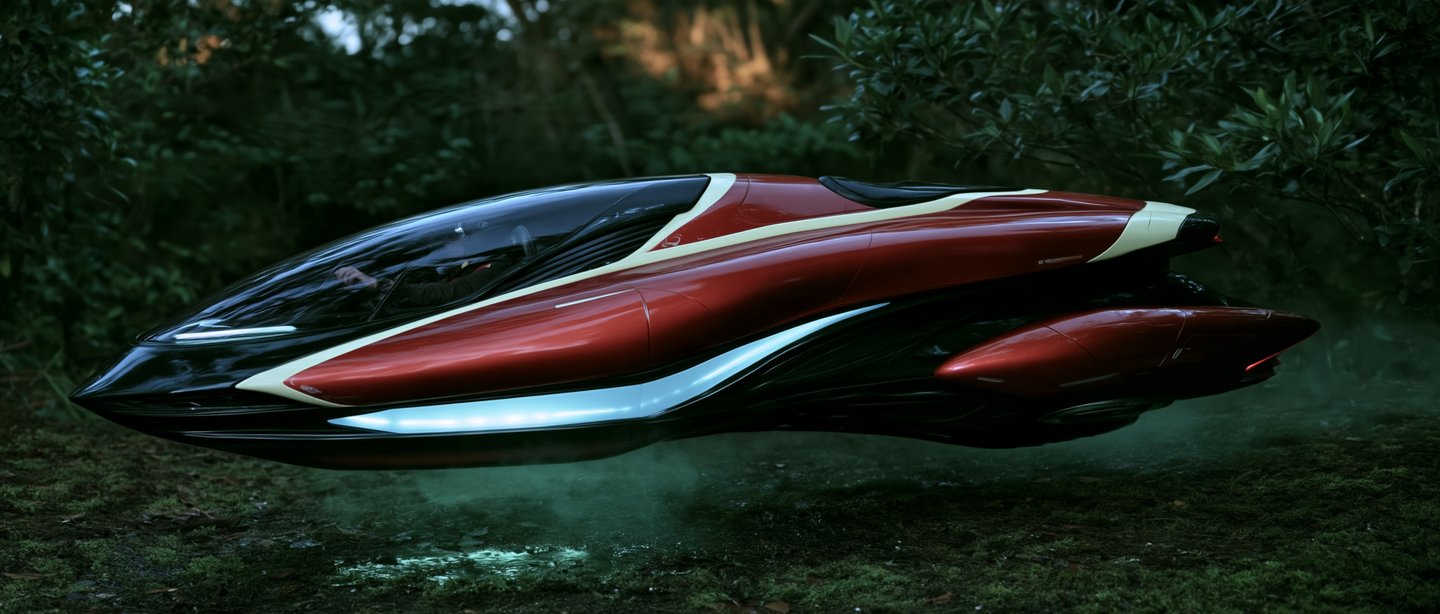 A long burgundy craft gliding low over a dark forest.
