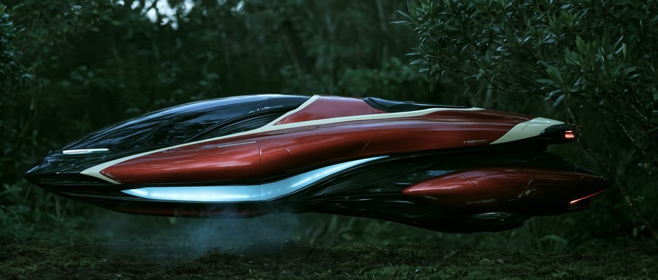 A long burgundy craft with two ivory stripes, hovering low in a dark forest.