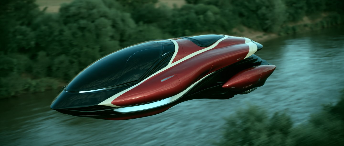 The pod seen from above, close, crossing a river between trees.